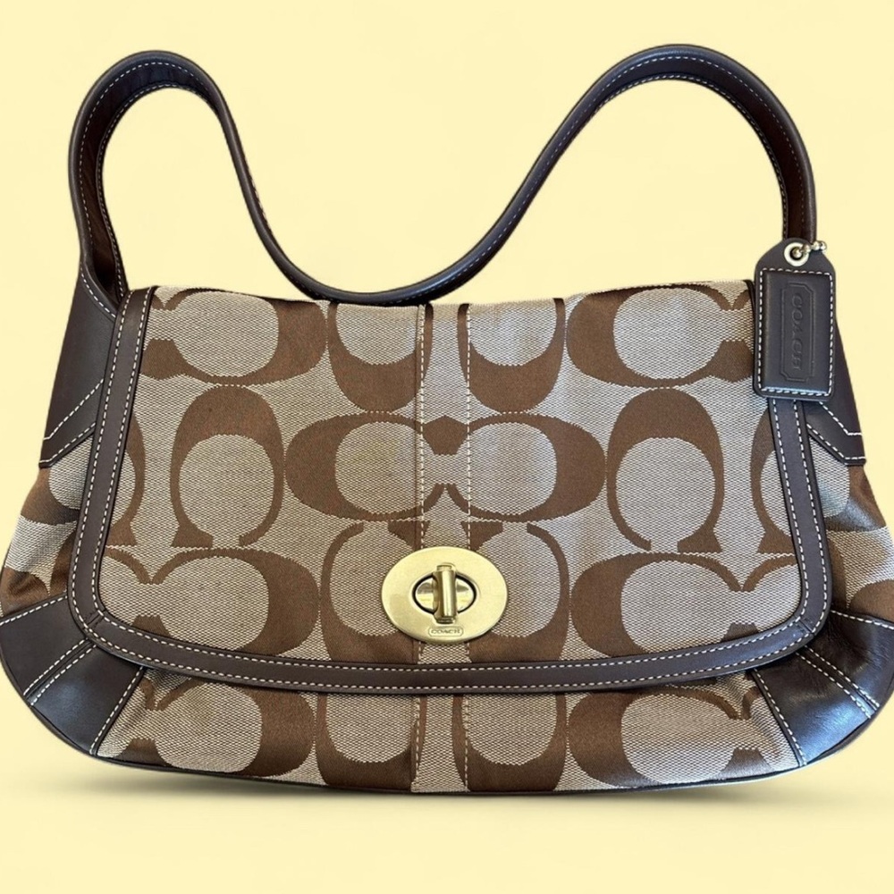Coach Brown and Tan Signature Shoulder Bag